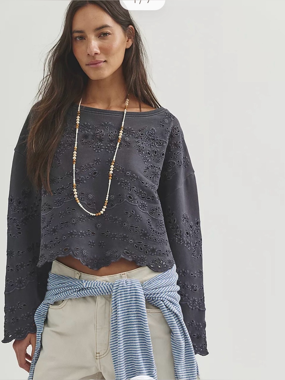 Free People Iris Embroidered Sweatshirt in Black Size M. NWT